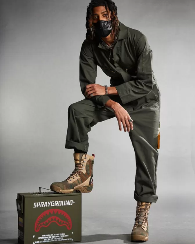 Scarpe tattiche Sprayground Cobra Fuerza - Edizione limitata 1/280 con mimetismo terreno, design militare avanzato per paracadutisti, produzione artigianale colombiana.