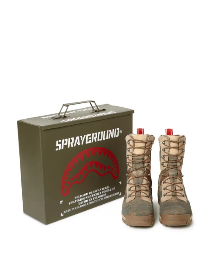 Scarpe tattiche Sprayground Cobra Fuerza - Edizione limitata 1/280 con mimetismo terreno, design militare avanzato per paracadutisti, produzione artigianale colombiana.
