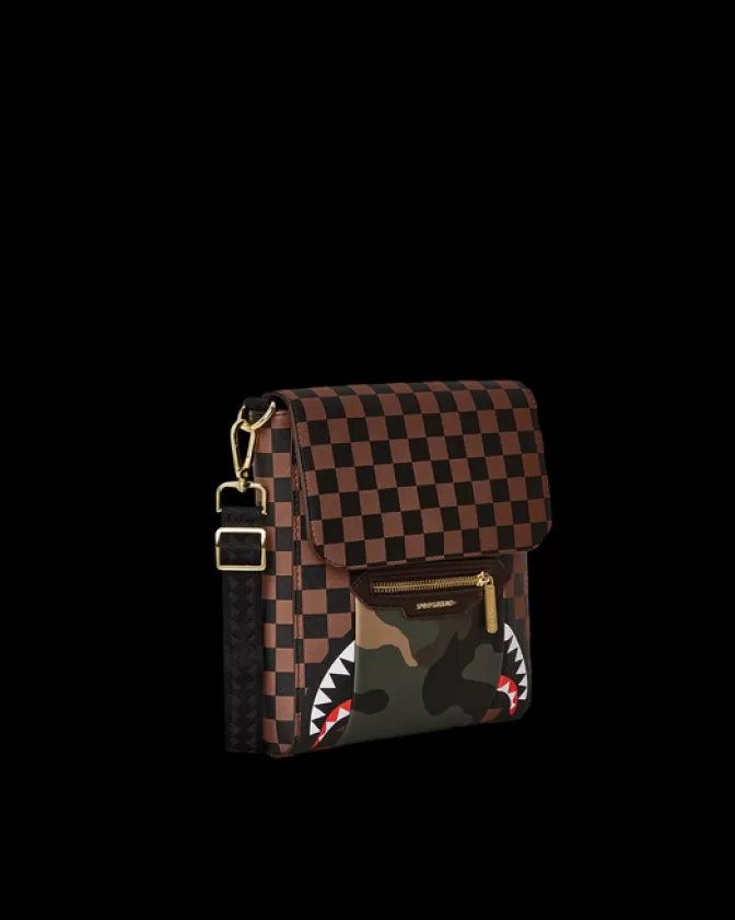 Sprayground Borsa Messenger Crossbody con Tasca Frontale Zip Oro e Motivo Squali & Parigi - Design Stilizzato per Uomo/Donna 

(Nuova Edizione Limitata con Stampa Inedita)