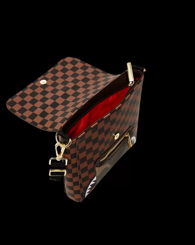 Sprayground Borsa Messenger Crossbody con Tasca Frontale Zip Oro e Motivo Squali & Parigi - Design Stilizzato per Uomo/Donna 

(Nuova Edizione Limitata con Stampa Inedita)