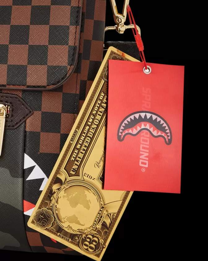 Sprayground Borsa Messenger Crossbody con Tasca Frontale Zip Oro e Motivo Squali & Parigi - Design Stilizzato per Uomo/Donna 

(Nuova Edizione Limitata con Stampa Inedita)