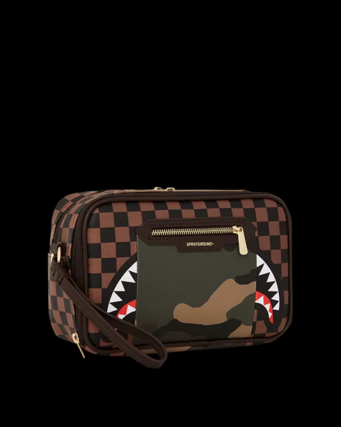 Sprayground Borsa Toilette Portavalori Limited Edition - Tasche Esterna Zip Dorata con Design Squali Urbani di Parigi e Dettaglio Laterale a Mattoni