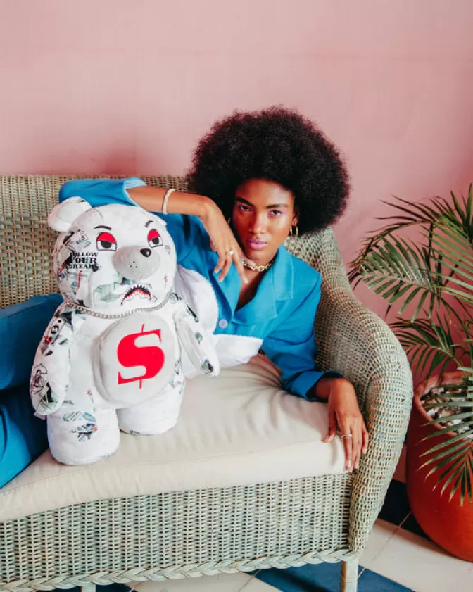 Sprayground Zaino Peluche Money Bear - Borsa a Forma di Orsetto Stile Unico con Design Feroce 

（：