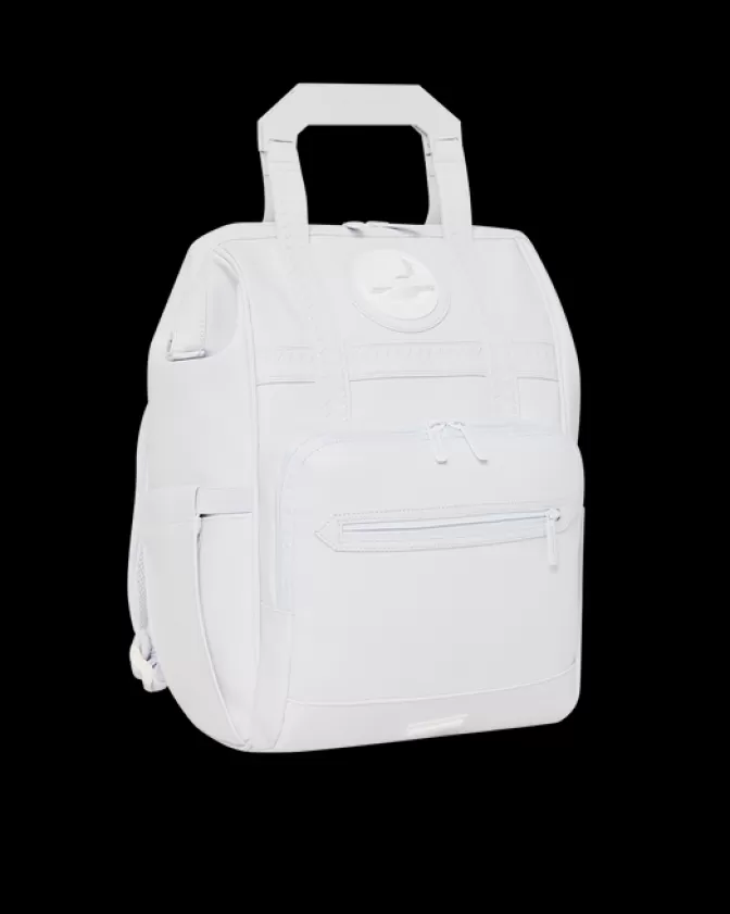 Zaino Sprayground Iconico - Squalo Metallizzato Bianco Puro con Apertura Superiore per Business

，