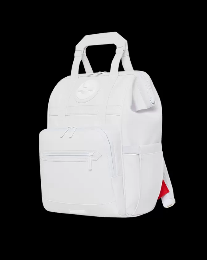 Zaino Sprayground Iconico - Squalo Metallizzato Bianco Puro con Apertura Superiore per Business

，