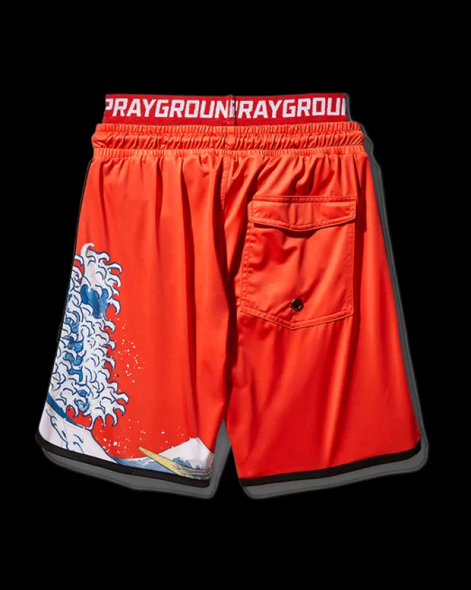 Costumi da Bagno Bambini con Stampa Onde Giapponesi - Boxer Nuoto in Tinta Unita Rosso Energetico by Sprayground