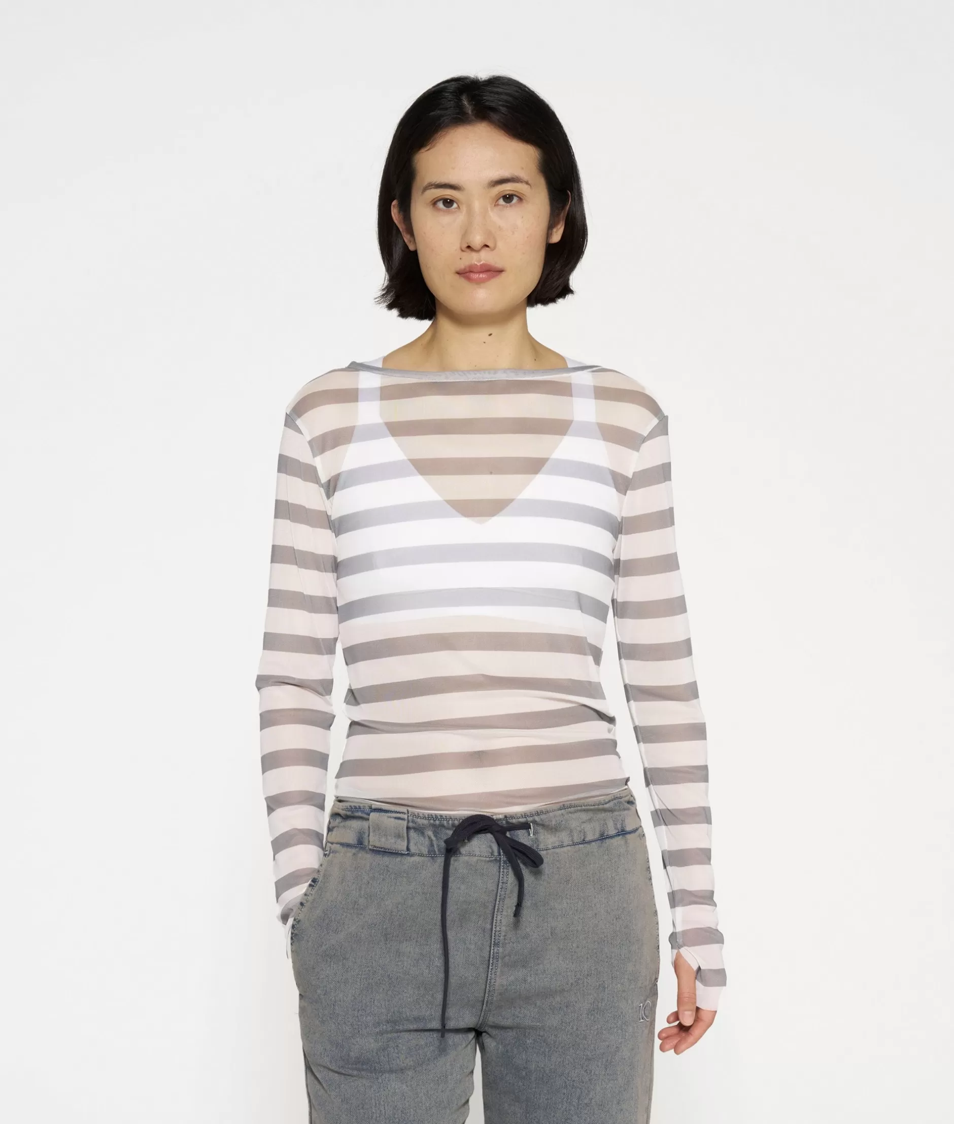 Maglia a Rete con Righe 10DAYS per Donna, T-Shirt a Maniche Lunghe in Tessuto Traspirante