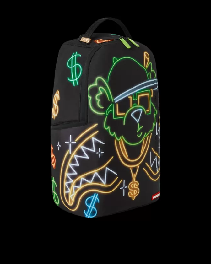 Zaino Sprayground Urbano Stile Orso Banconote con Luci della Città - Design Unico per Strada Metropolitana