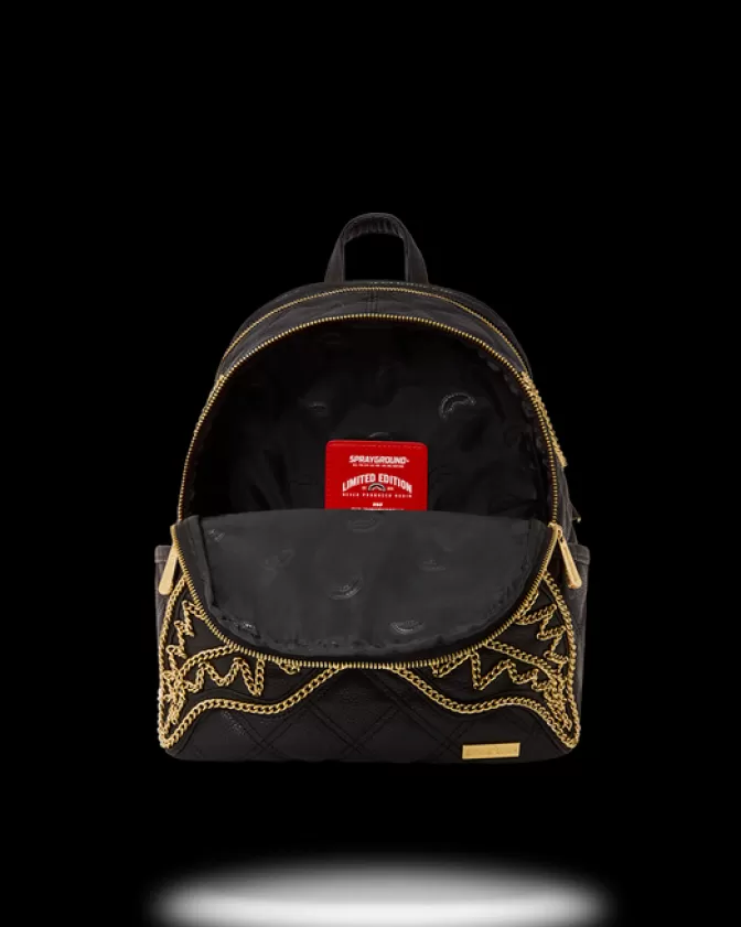 Zaini Sprayground Collezione Selvaggia - Design Audace con Catena Dorata e Motivo Squalo in Tessuto Trapuntato Nero, Lusso Urban per Stile Unico