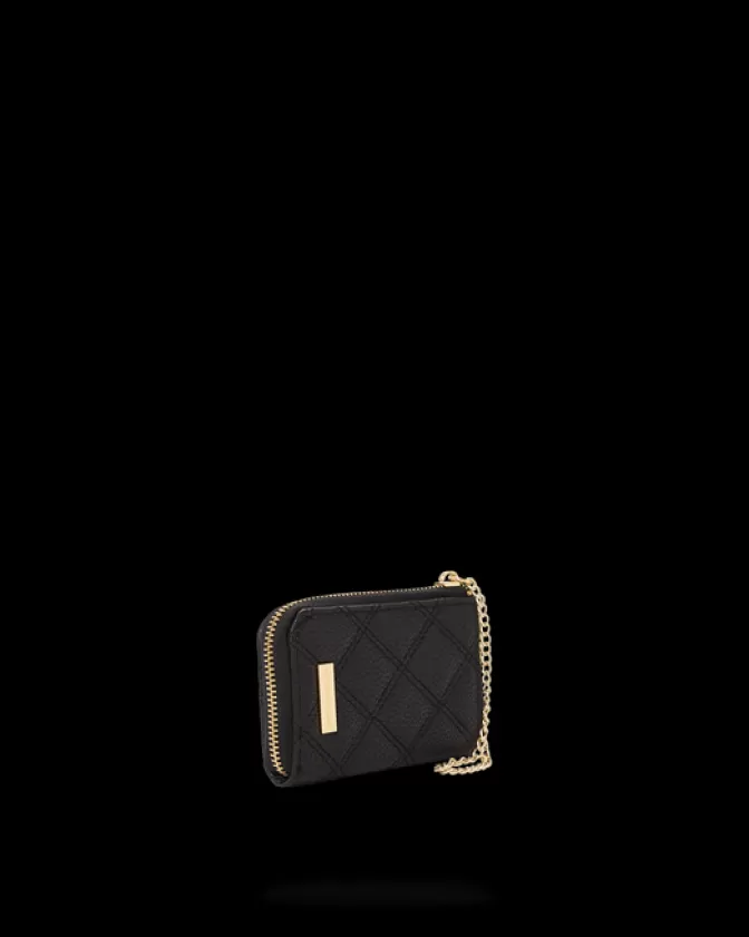 Sprayground Portafoglio Elegante in Pelle Nera Trapuntata con Catena Dorata - Portamonete con Stampa Squalo Stile Streetwear