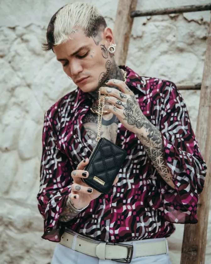 Sprayground Portafoglio Elegante in Pelle Nera Trapuntata con Catena Dorata - Portamonete con Stampa Squalo Stile Streetwear