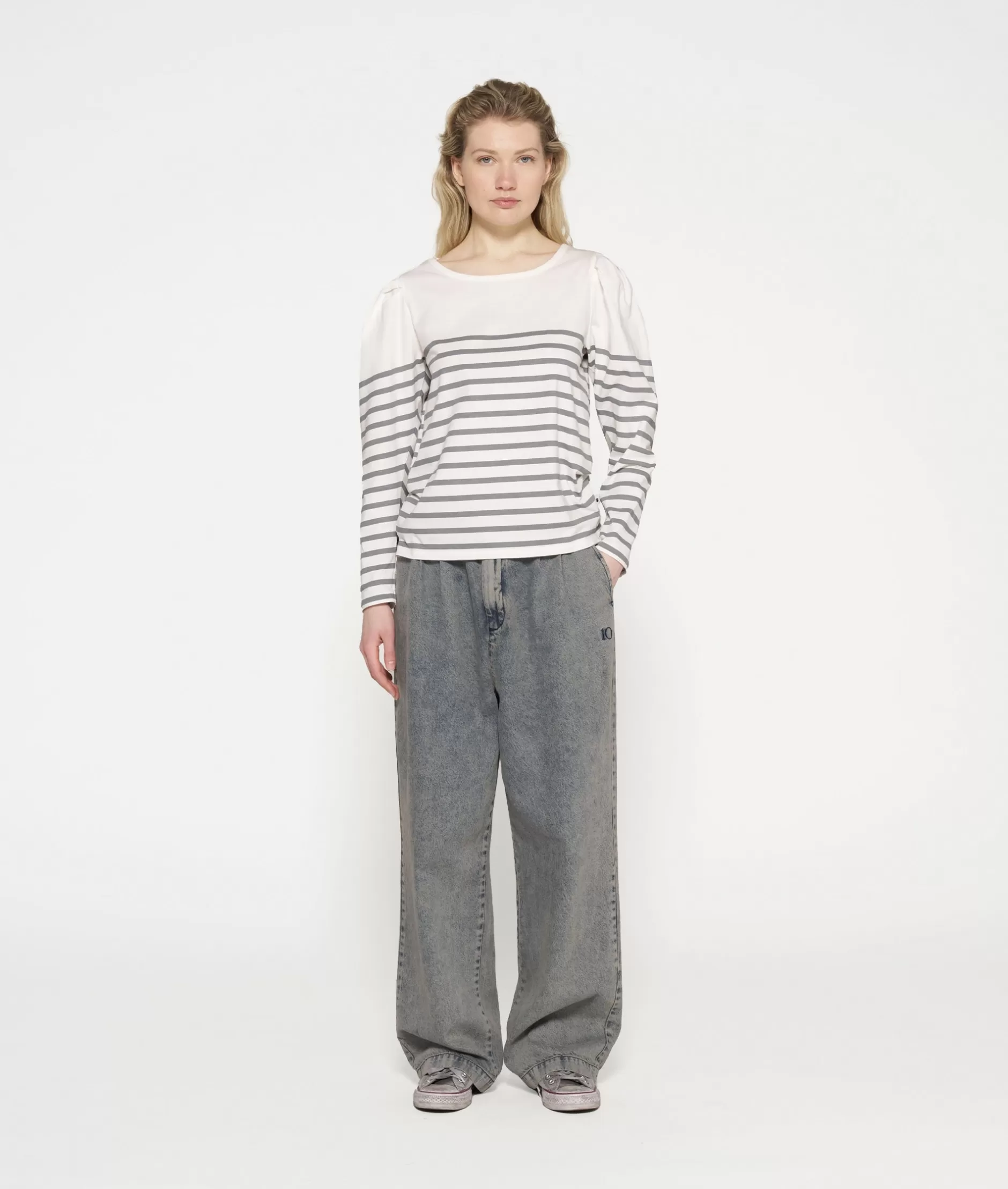 Maglia Donna con Maniche Lunghe 10DAYS - T-Shirt Casual con Scollo a Bomba e Strisce Eleganti
