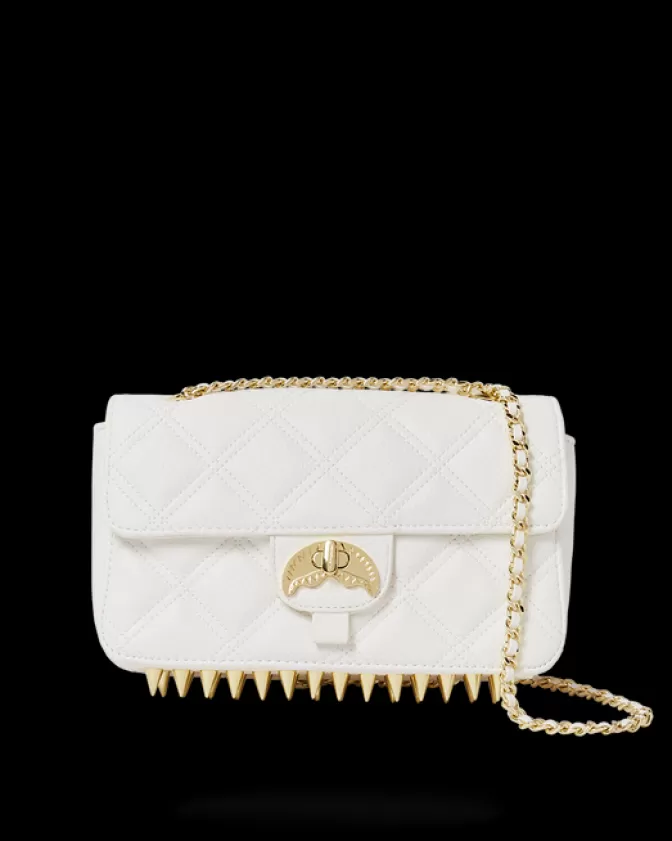 Borsa Sprayground Riviera Le Blanc con catena dorata e motivo squalo stilizzato