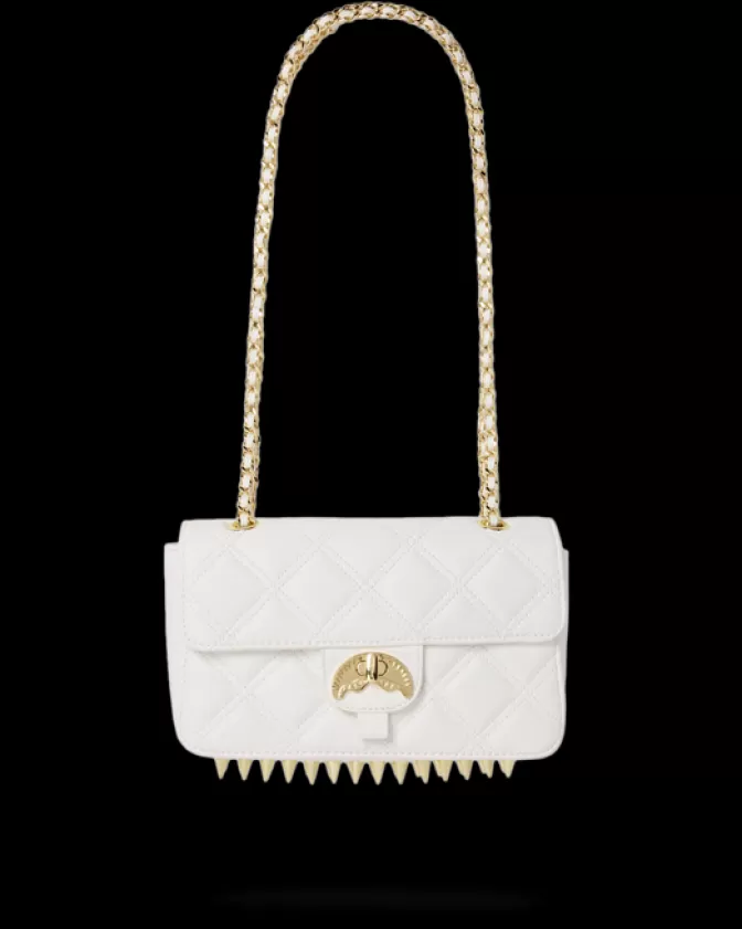 Borsa Sprayground Riviera Le Blanc con catena dorata e motivo squalo stilizzato