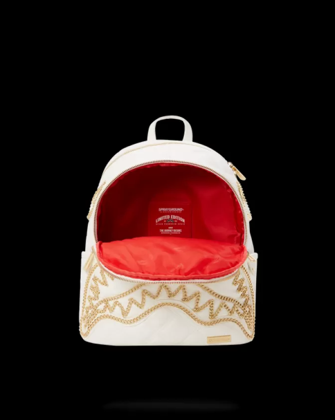 Zaino Sprayground Savages - Design Shark con Catena Dorata, Stile Riviera Bianca e Audace