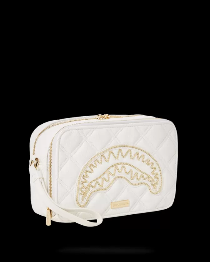 Borsa da Toeletta Sprayground 'Riviera Le Blanc' con Catena Dorata e Design Squalo - Elegante e Funzionale per Viaggi in Stile