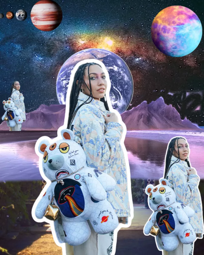Zaini Sprayground: Orsacchiotto Spaziale con Stampa UFO e MoneyBear - Stile Futurista per Giovani Avventurieri | Zaino Ergonomico con Tasche Multiuso